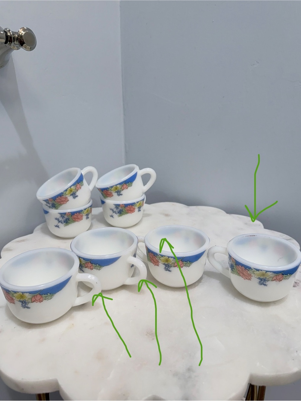Vintage 90s Duropal French Opal Glass Teacups Set 7 Floral Blue Rim Coffee Cups - Picture 10 of 13